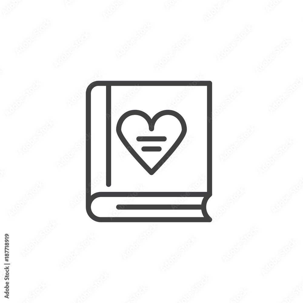Book with love heart line icon, outline vector sign, linear style pictogram isolated on white. Valentines day symbol, logo illustration. Editable stroke Book with love heart line icon, outline vector sign, linear style pictogram isolated on white. Valentines day symbol, logo illustration. Editable stroke