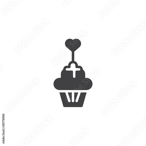 Cupcake muffin with heart icon vector  filled flat sign  solid pictogram isolated on white.  Valentines day dessert symbol  logo illustration.