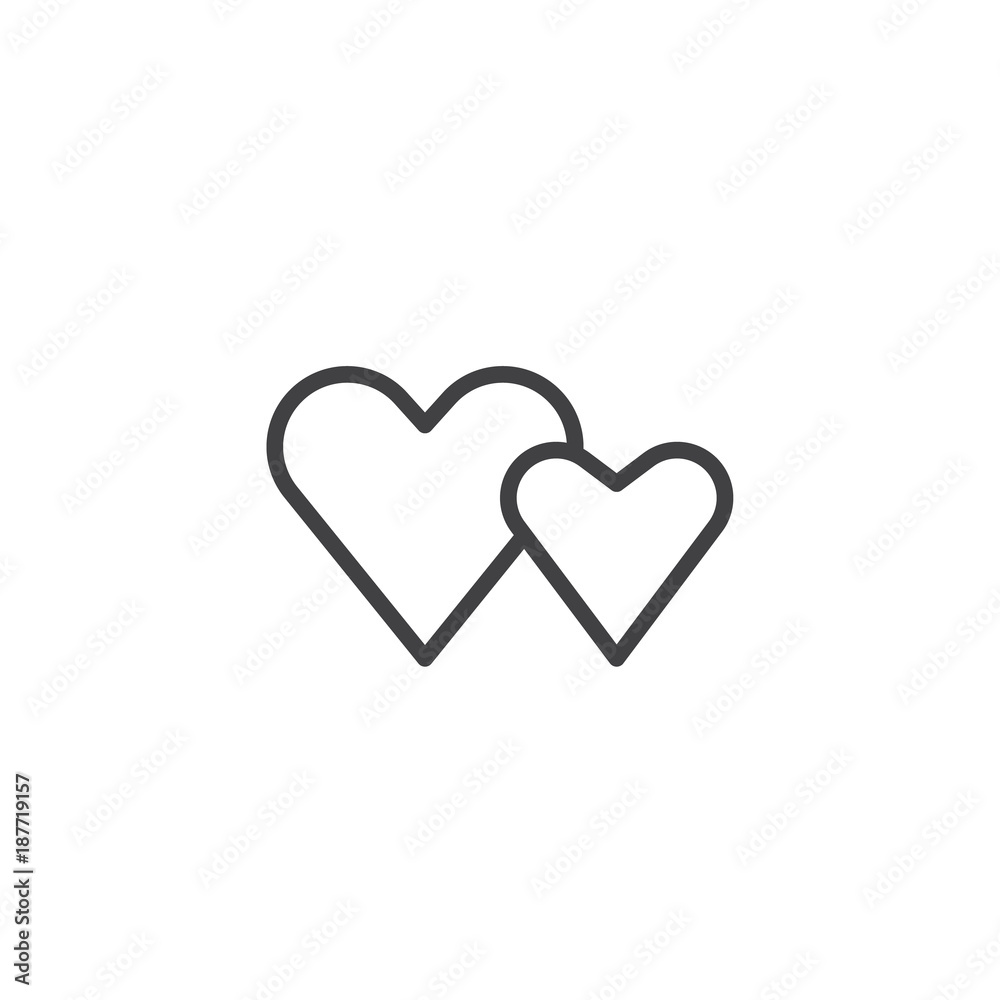 Two Valentine hearts line icon, outline vector sign, linear style pictogram isolated on white. Couple heart symbol, logo illustration. Editable stroke