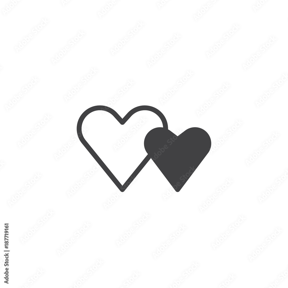 Two Valentine hearts icon vector, filled flat sign, solid pictogram isolated on white. Couple heart symbol, logo illustration.