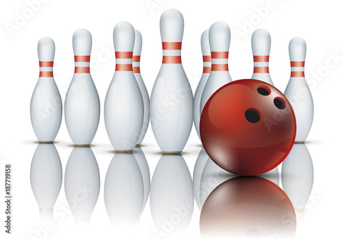 Bowling Pindeck mit Pins und roten Bowlingkugel
