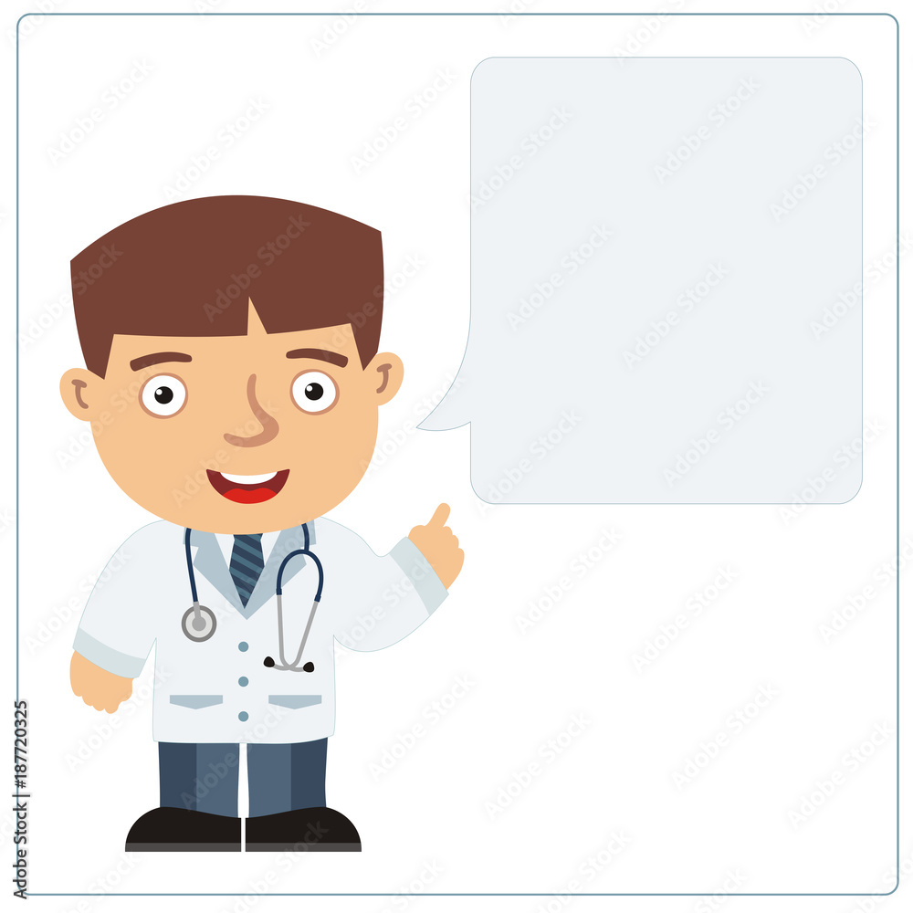Isolated doctor with bubble speech in cartoon style. Smiling doctor says important information about health Isolated doctor with bubble speech in cartoon style. Smiling doctor says important information about health