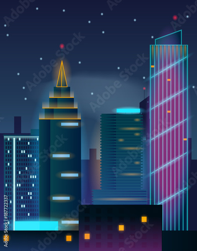 Night city skyscrapers. Buildings in neon lights. Vector illustration
