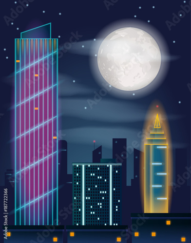 Night in the city. Buildings, full moon and stars on dark sky. Dark metropolis landscape with skyscrapers