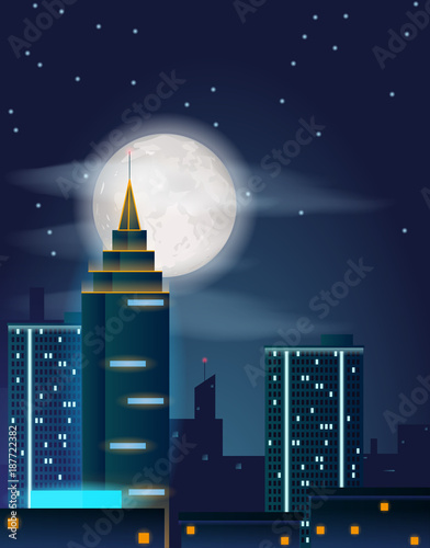 Vector poster design with night city buildings and full moon and stars on dark sky. Dark metropolis landscape with skyscrapers
