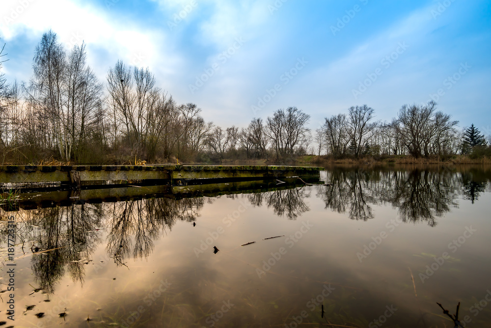 Baum und Wolken am Himmel Spiegel im Teich Bagger See Stock Photo | Adobe  Stock