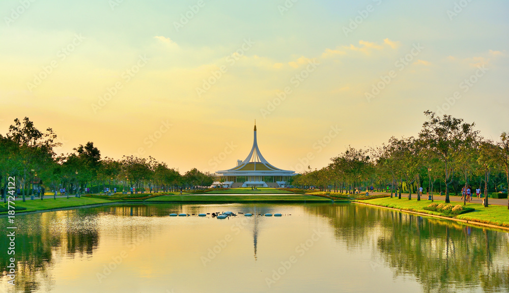 Beautiful public parkland Suan Luang R.9 in Bangkok Thailand,beautiful sunset of reflection pavilion and tree