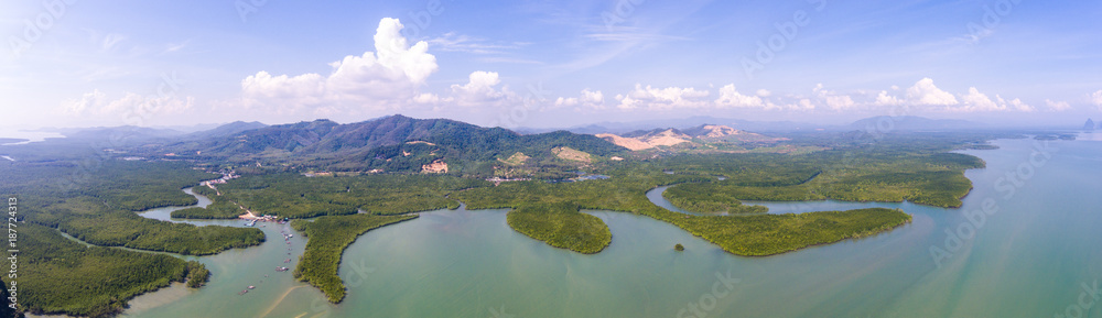 Aerial panorama view of mangrove forest of Phang Nga bay, Thailand