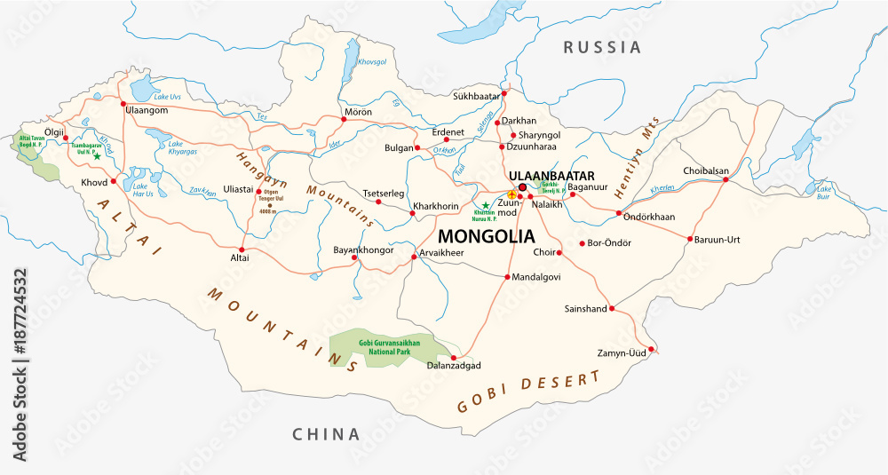 mongolia road and national park vector map