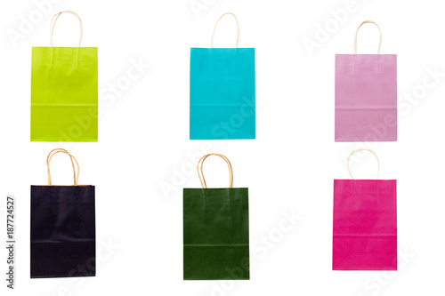 Multicolored paper bags for shopping isolated on white