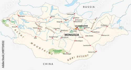 mongolia road and national park vector map