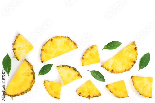 Sliced pineapple with green leaves isolated on white background with copy space for your text. Top view