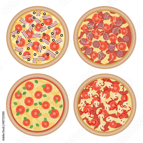 Vector set of flat italian pizzas with different ingredients isolated on white background