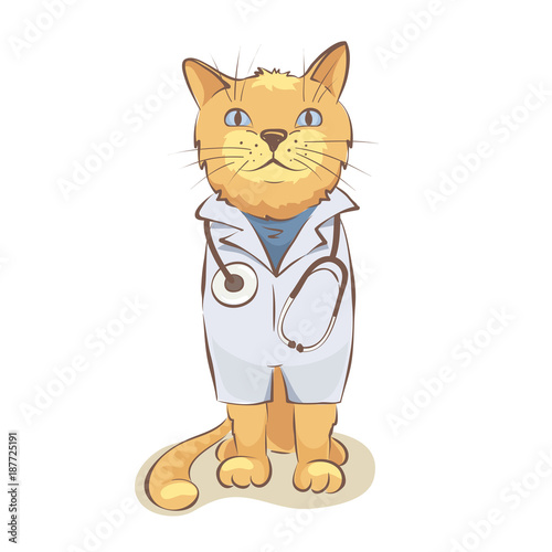 Doctor Cat / Funny vector illustration, Red cat in the uniform of the doctor