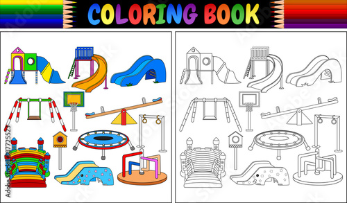 Coloring book with playground equipment icons set