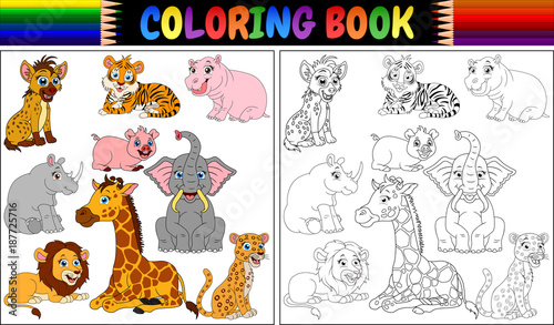 Coloring book with wild animals cartoon