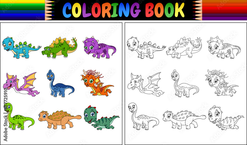 Coloring book with little dinosaur cartoon collection