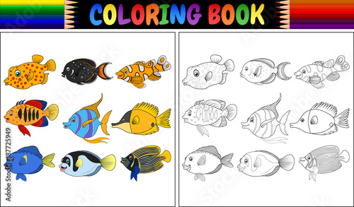 Coloring book various fishes
