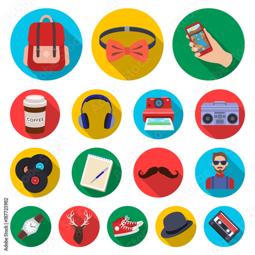 Style Hipster flat icons in set collection for design. Hipster Attributes and accessories vector symbol stock web illustration.