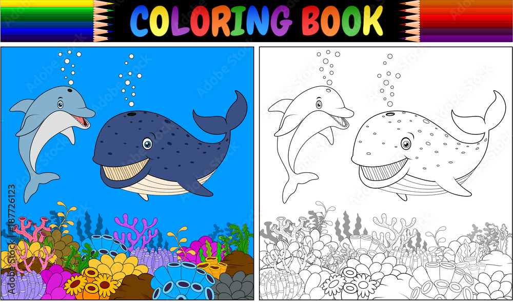 Fototapeta premium Kolorowanka z kreskówki delfinem i wielorybem