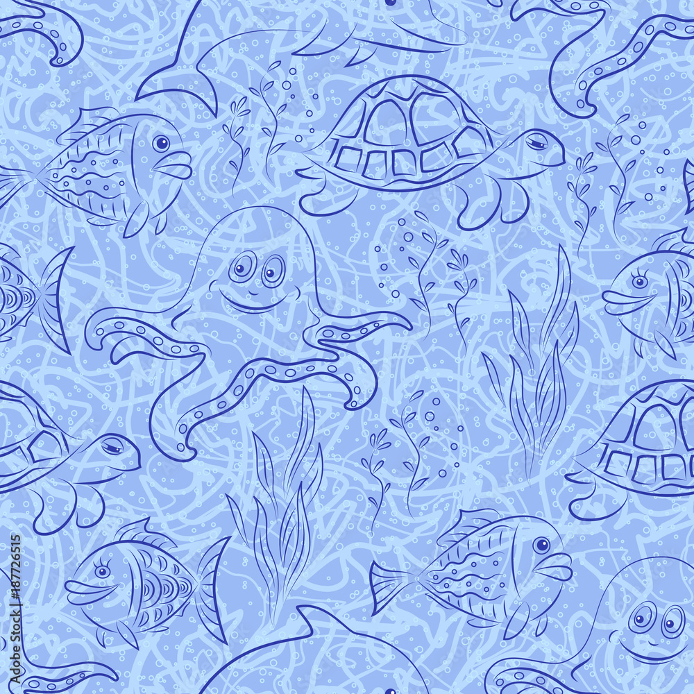 Obraz premium Seamless Pattern, Cartoon Sea Creatures, Dolphin, Fish, Turtle, Octopus and Algae Contours on Blue Tile Background. Vector