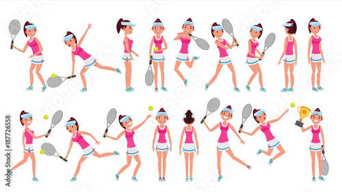 Woman Tennis Player Vector. Playing With The Ball. Different Poses. In Action. Flat Cartoon Illustration