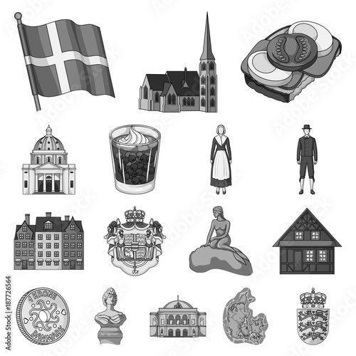 Country Denmark monochrome icons in set collection for design. Travel and attractions Denmark vector symbol stock web illustration.