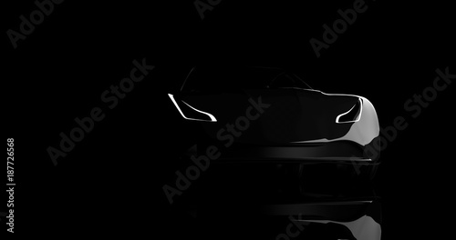 silhouette of black sports car on black background, 3d render, generic design, non-branded