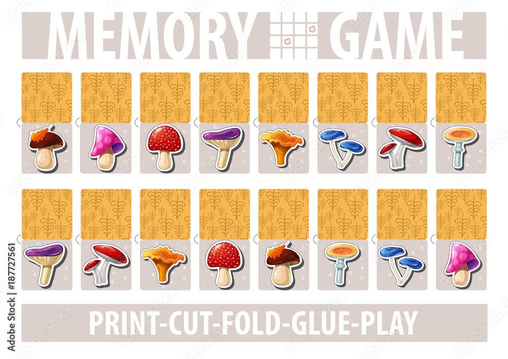 Set of cards for memory game with cartoon mushrooms. Print, cut, fold, glue, play.