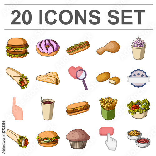 Fast food cartoon icons in set collection for design.Food from semi-finished products vector symbol stock web illustration.