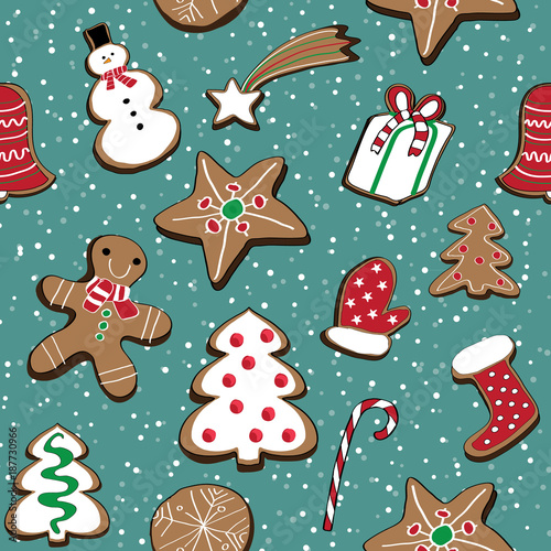 Vector illustration of christmas cookies set on blue background with snow. Seamless pattern