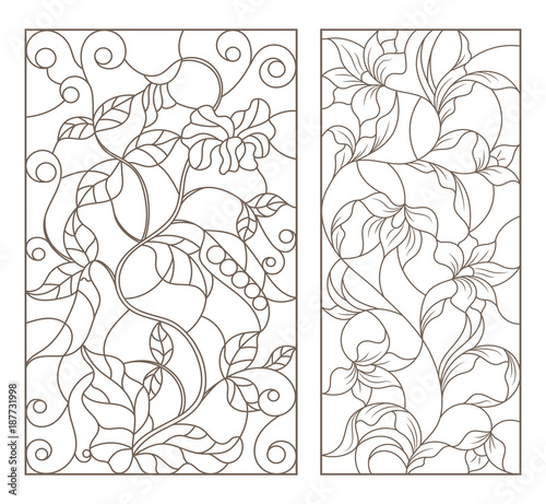 Set contour illustrations of stained glass with vines and flowers , black contour on white background