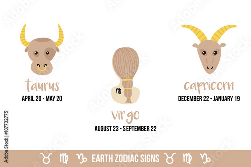 Hand drawn, doodle vector illustrations of earth zodiac signs. Taurus, virgo, capricorn, icons isolated on white background.