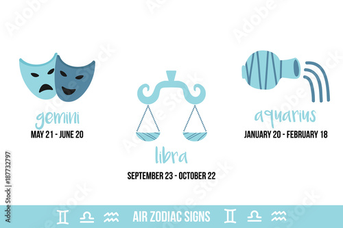 Hand drawn, doodle vector illustrations of air zodiac signs. Gemini, libra, aquarius icons isolated on white background.