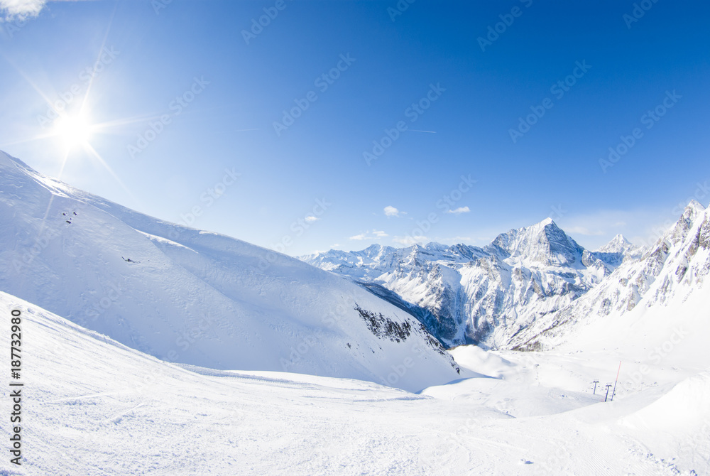 San Domenico, Varzo, Alps, Italy, panorama of the snow-capped mountains at dawn