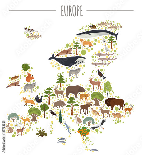 Flat European flora and fauna map constructor elements. Animals, birds and sea life isolated on white big set. Build your own geography infographics collection