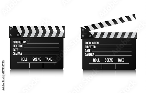 Realistic clapper cinema and movie on white background. Vector illustration.