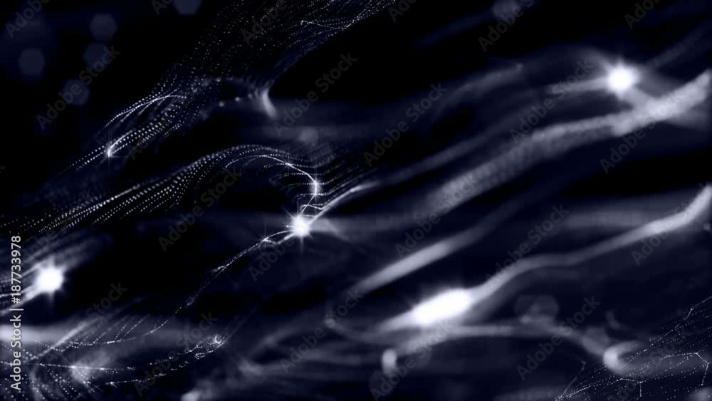 loopable abstract particle background with depth of field, glow sparkles of lights and digital elements. Wave black particles form lines and lines form curve surface like spider net. V 2