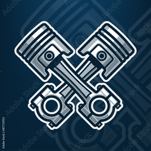 Motor pistons vector illustration. Engine pistons logo. Emblem for car service or custom garage. Isolated on dark blue background. Eps 10