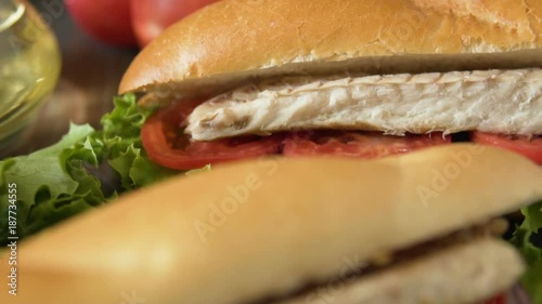 Sandwich with fish and vegetables. Balik ekmek - turkish street food.