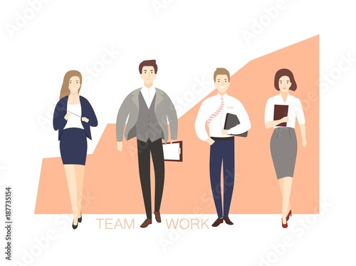 Male and female office workers walking against ascending graph on background. Men and women dressed in smart clothing and chart. Concept of successful teamwork. Flat cartoon vector illustration.