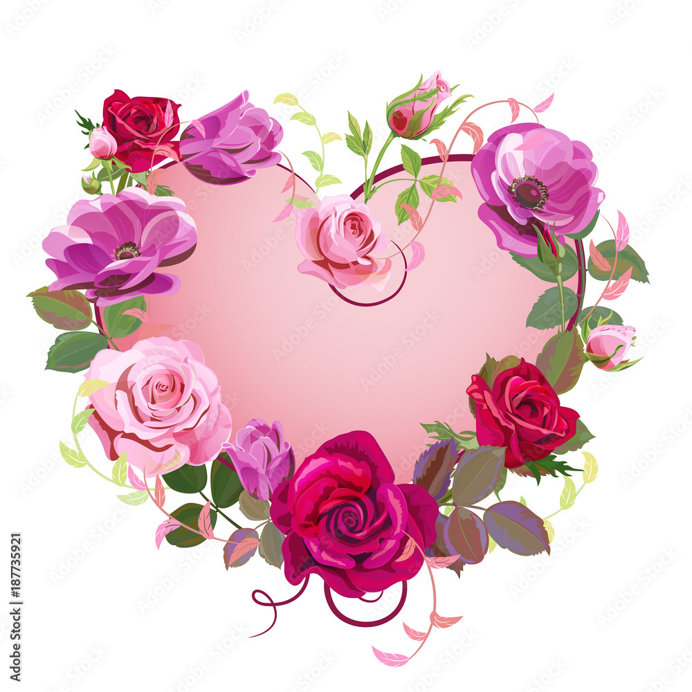 Naklejka premium Heart of flowers. Valentine's Day card. Red, pink roses, purple anemones, green twigs, buds, leaves on white background. Digital draw, concept for design in watercolor style, vector