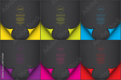 Abstract vector backgrounds set of 6. Black vector backgrounds with curl page effect and place for your own text. Isolated on the black panel. Vector illustration. Eps10.