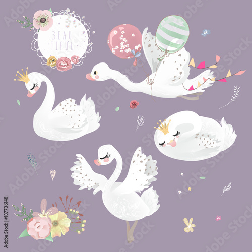 Beautiful white swan  goose  duck  with crown  flowers and balloons collection  set