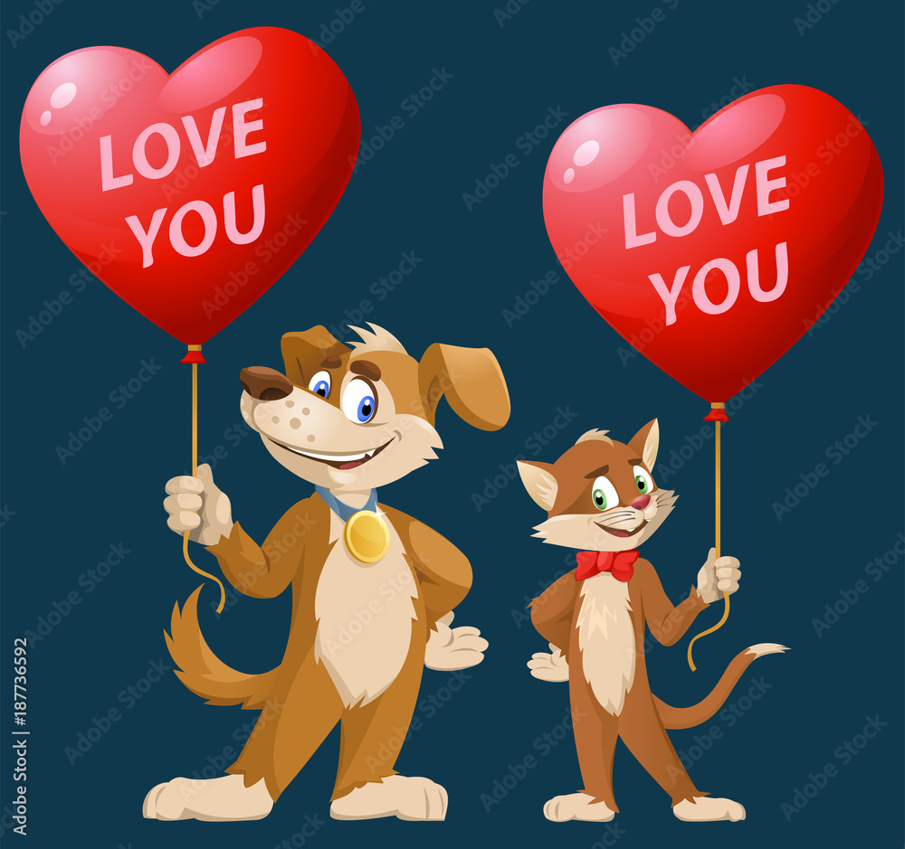 Love you. Funny cartoon dog and cat holding heart shape balloons for  valentines day. Cartoon styled vector illustration. On dark background.  Elements is grouped. No transparent objects. Stock Vector | Adobe Stock