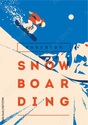 Freeride snowboarder in motion. Sport poster or emblem
