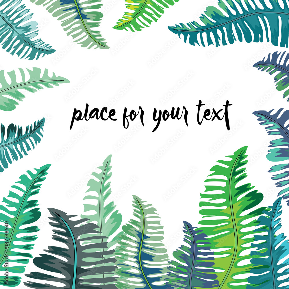Tropical green and turquoise leaves frame with place for your text. Vector illustration on white background