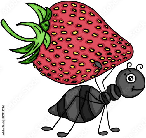 Ant carrying a red strawberry
