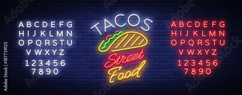 Tacos logo in neon style. Neon sign, bright billboard, nightly advertising of Mexican food Taco. Mexican street food. Vector illustration for your projects, restaurant, cafe. Editing text neon sign