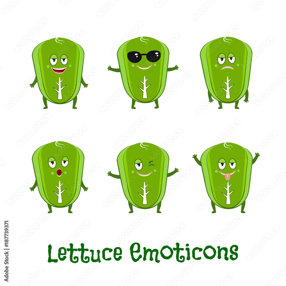 Lettuce smiles. Cute cartoon emoticons. Emoji icons Stock Vector